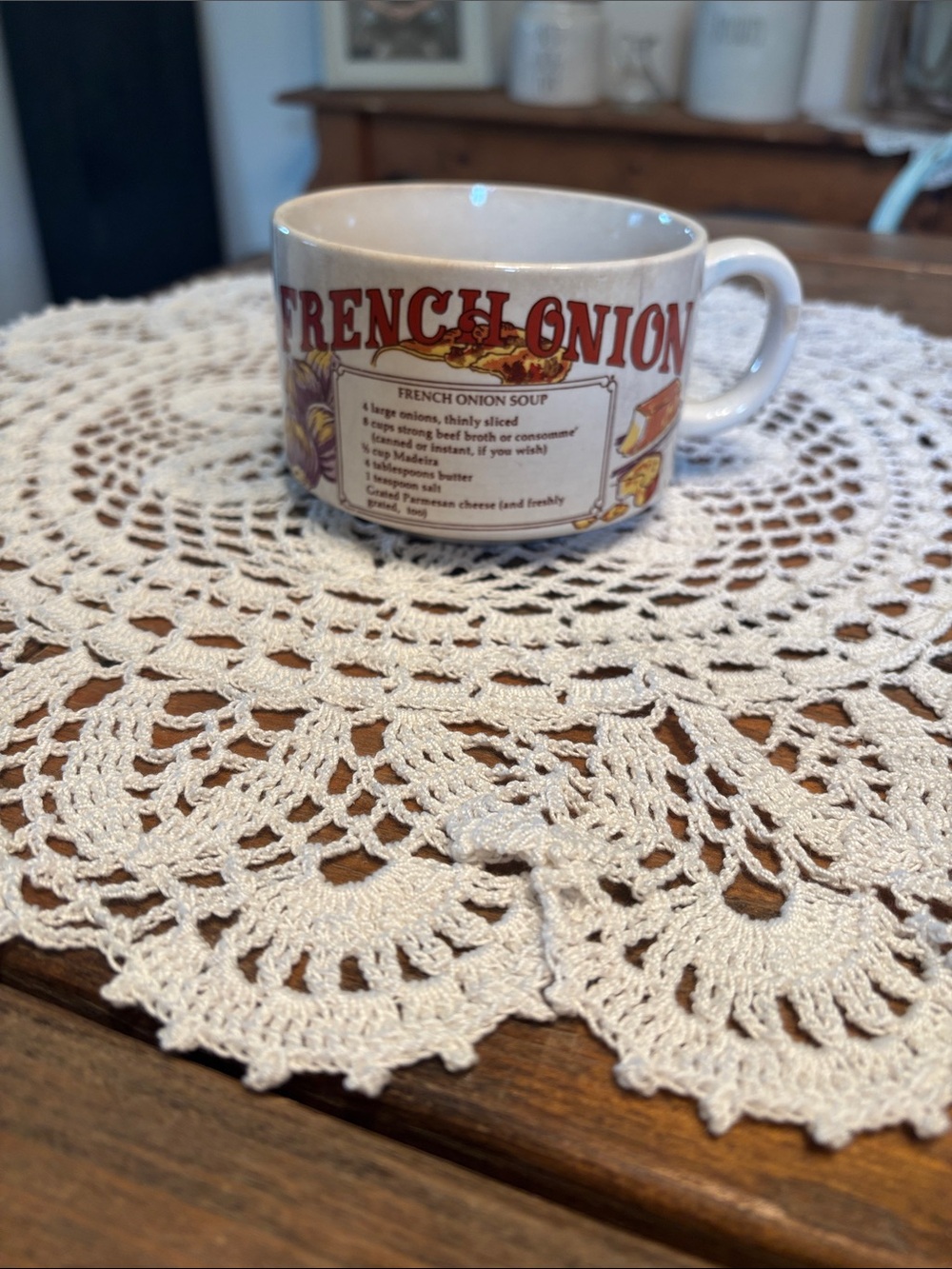 1970’s French Onion Soup Ceramic Mug - Red & Cream Graphic